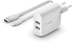 Belkin Dual USB-A vegglader 24w + USB-A til lynkabel